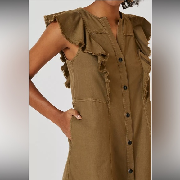 Anthropologie Pilcro Moss Flutter Sleeve Button Front Tunic Dress Olive Green L - Picture 3 of 11